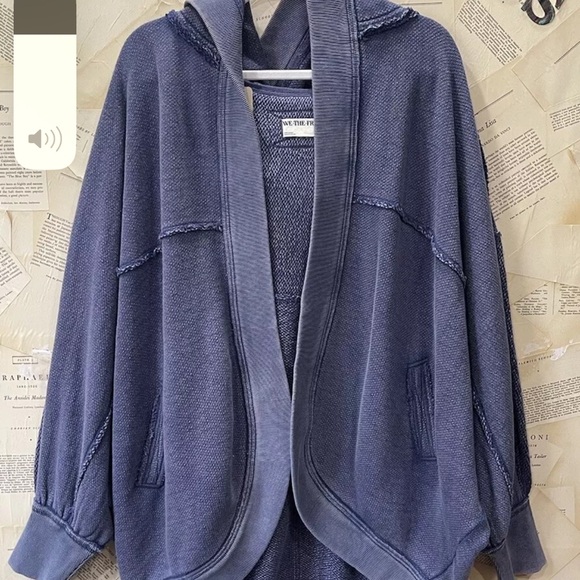 Free People Forever Yours Cardi We The Free Hooded Rib Hem Slouchy Midnight Rain - Picture 4 of 5